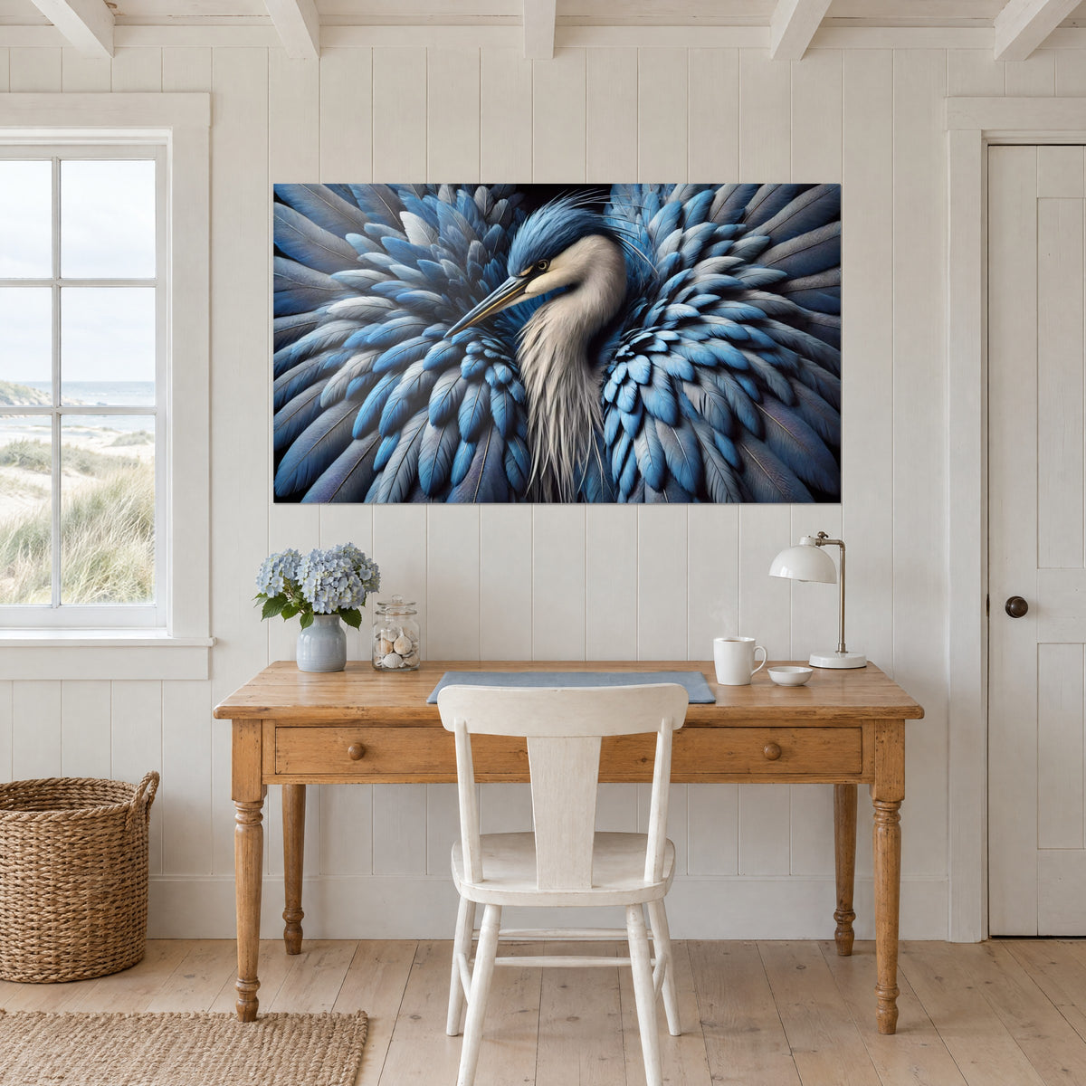 Cuadro plumaje azul noche y gris claro de un ave grande, pico esbelto, encima de un escritorio de madera y una silla blanca