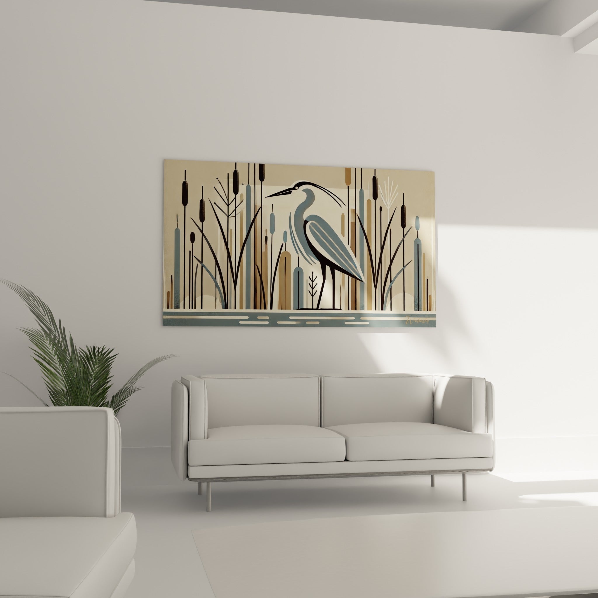 Composition graphique du héron anthracite et sable placée au-dessus d'un canapé dans un salon lumineux