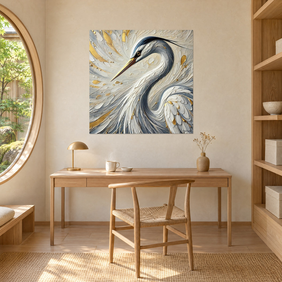 Tableau volatile gris perle au regard doré, spirales de plumes ivoire et or en relief, face à un bureau en bois