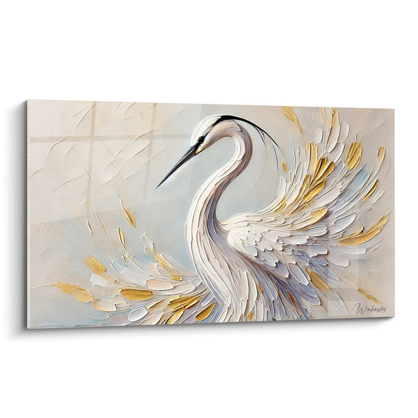Tableau Héron blanc et doré au long cou - Envol figé - Edition Héron