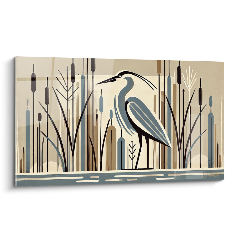 Tableau Héron bleu ardoise et beige parmi les quenouilles - Rivage aux traits stylisés - Edition Héron