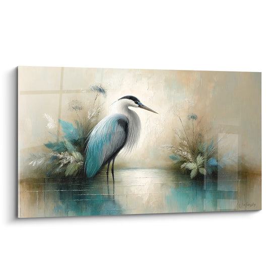 Tableau Héron blanc et turquoise parmi les fleurs d'ombelles - Reflet clair du bassin - Edition Héron