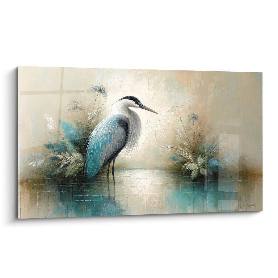 Tableau Héron blanc et turquoise parmi les fleurs d'ombelles - Reflet clair du bassin - Edition Héron