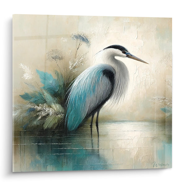 Tableau Héron bleu sarcelle et beige immobile - Guet silencieux - Edition Héron