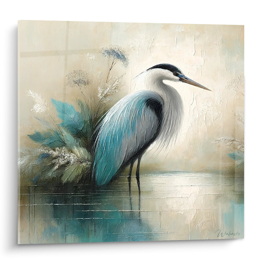 Tableau Héron bleu sarcelle et beige immobile - Guet silencieux - Edition Héron