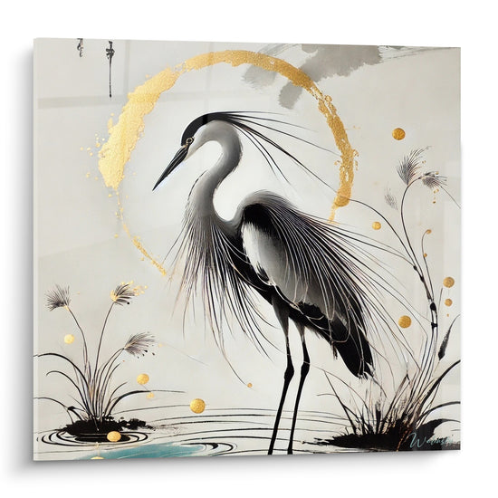 Tableau Héron aux plumes noires et cercle doré - Silence sur l'étang - Edition Héron