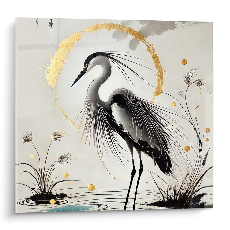 Tableau Héron aux plumes noires et cercle doré - Silence sur l'étang - Edition Héron