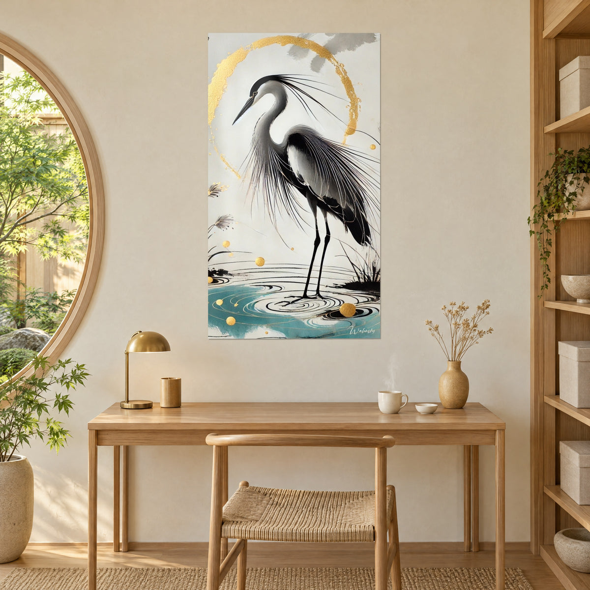 Tableau silhouette d'échassier à l'encre noire, cercle d'or et gouttes dorées sur l'eau turquoise, au-dessus d'un bureau en bois près d'une fenêtre ronde