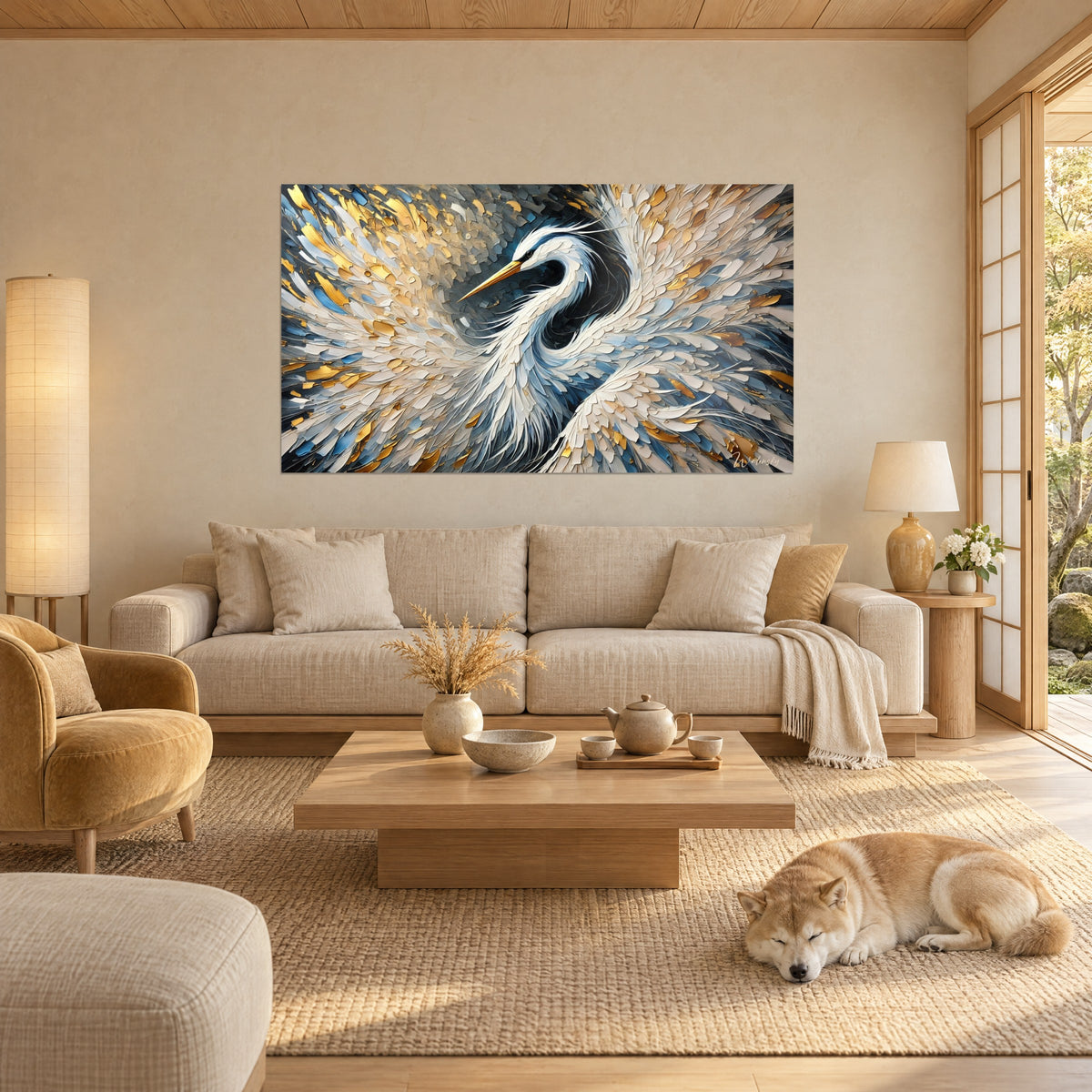 Gemälde Graureiher mit goldenem Langschnabel und weiß-blauem Gefieder, über einem Sofa in einem hellen Wohnzimmer