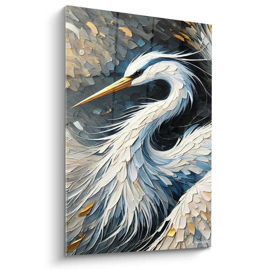 Tableau Héron cou torsadé bleu doré - Élégance en spirale - Edition Héron