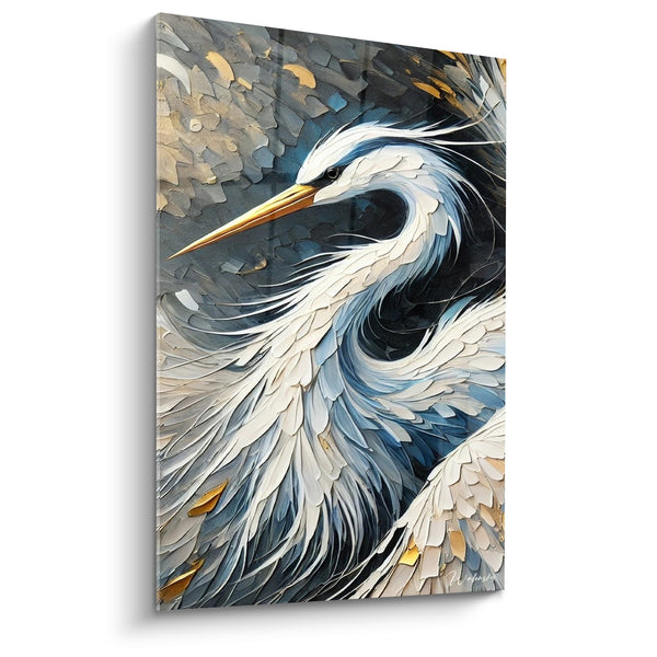 Tableau Héron cou torsadé bleu doré - Élégance en spirale - Edition Héron