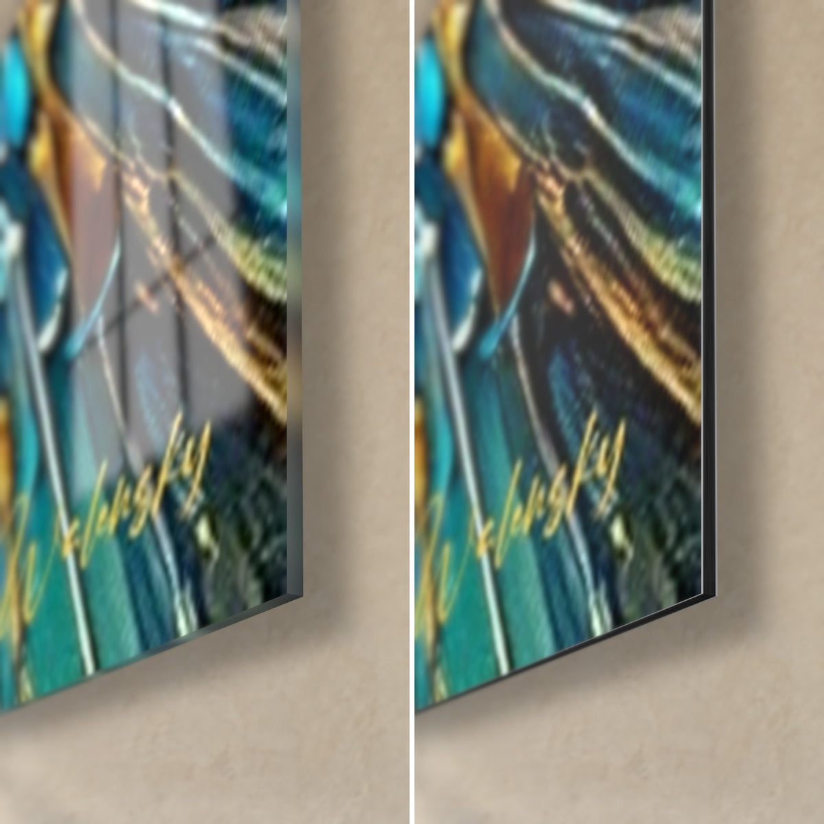 Tableau héron en peinture épaisse turquoise et dorée, coin bas droit : verre brillant à gauche, Dibond mat à droite, tranche 3 mm