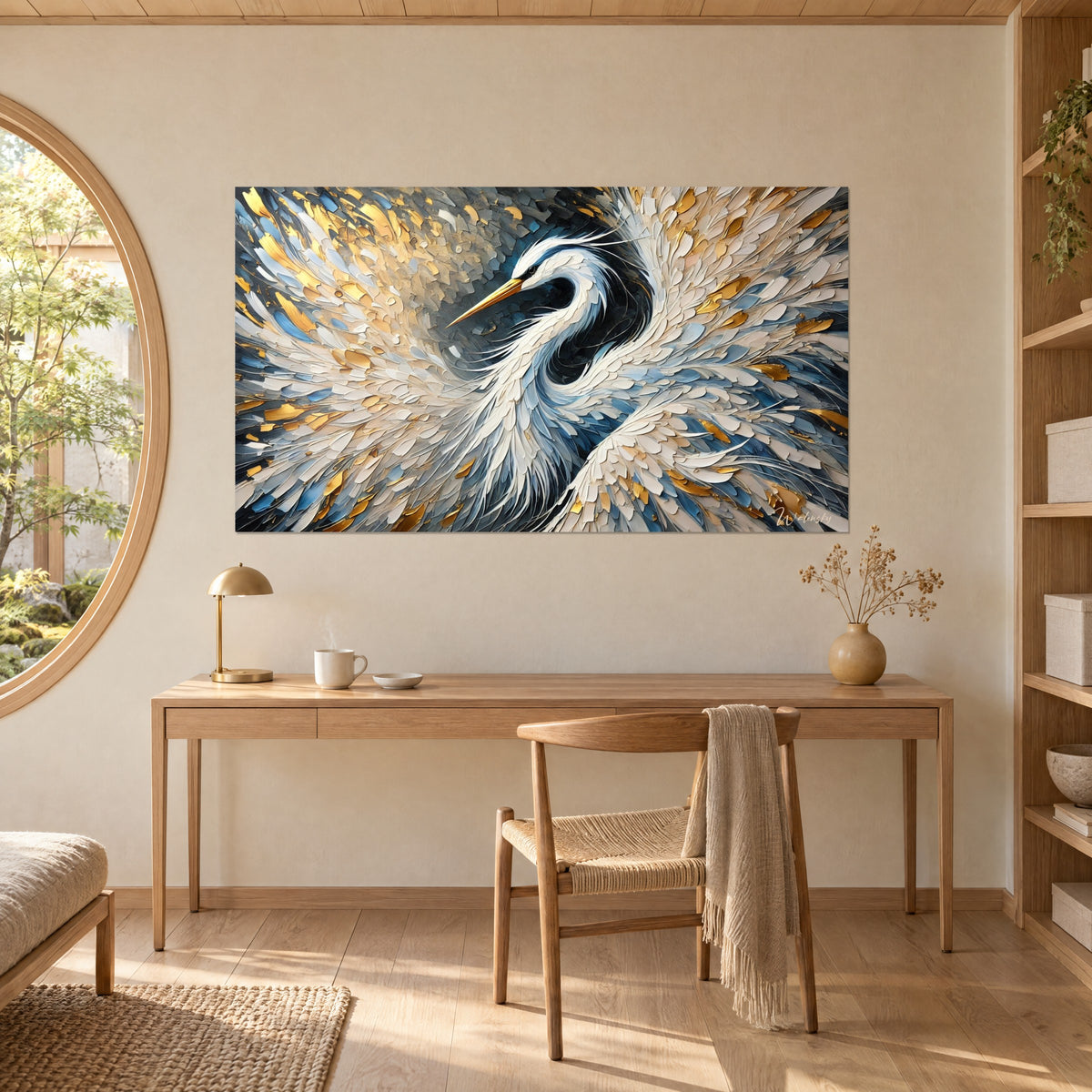 Gemälde schlanker Vogel mit S-förmigem Hals, schiefergraue und goldene pastose Malschichten, über einem Schreibtisch aus hellem Holz