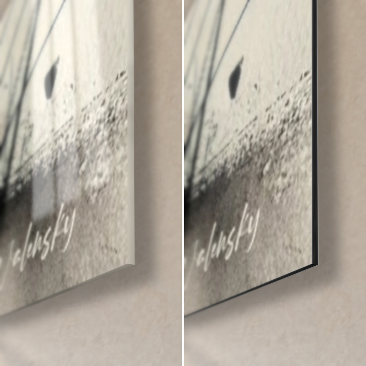 Gemälde Reiher in Tuschelavierung, untere rechte Ecke: glänzendes Acrylglas links, mattes Dibond-Aluminium rechts, schwarze Kante