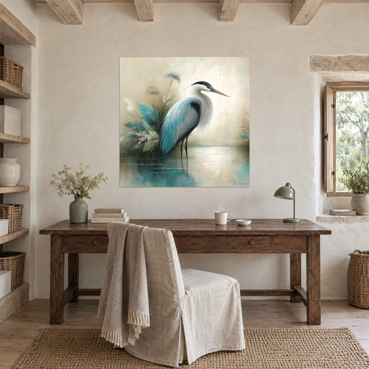 Tableau volatile aux jambes fines dans l'eau calme, feuillage sarcelle et beige doré, au-dessus d'un bureau en bois