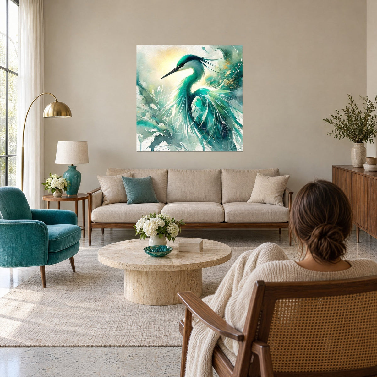 Gemälde Türkisreiher mit langen weißen Federn, goldenes Aquarell, betrachtet von einer Frau von hinten über einem Sofa in einem hellen Wohnzimmer