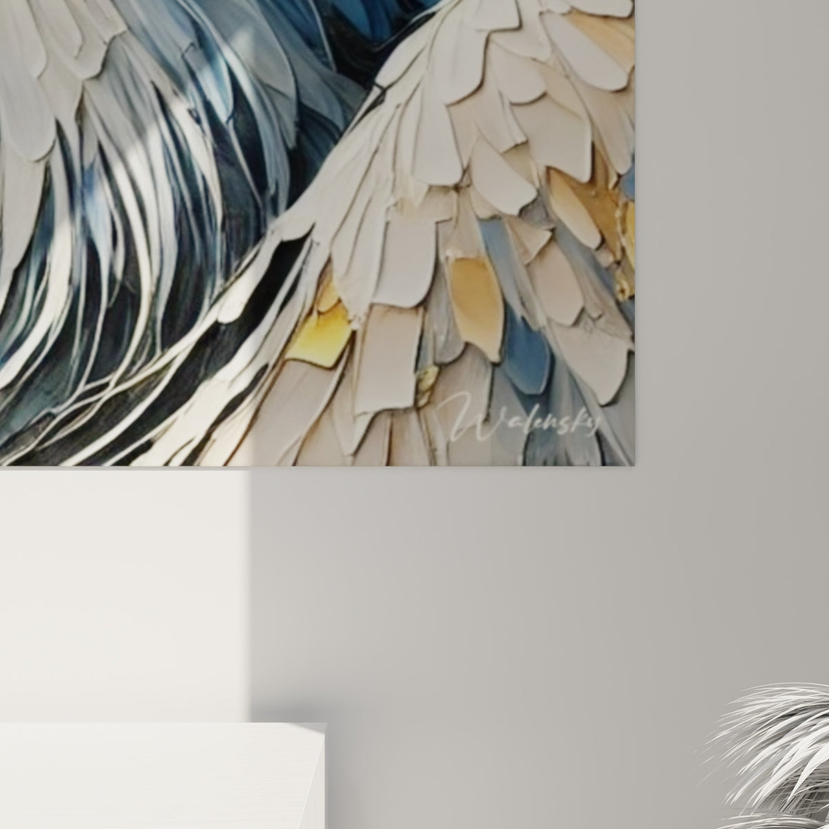 Empâtements texturés en bleu ardoise et jaune doré révélant le grain sculpté des plumes du héron