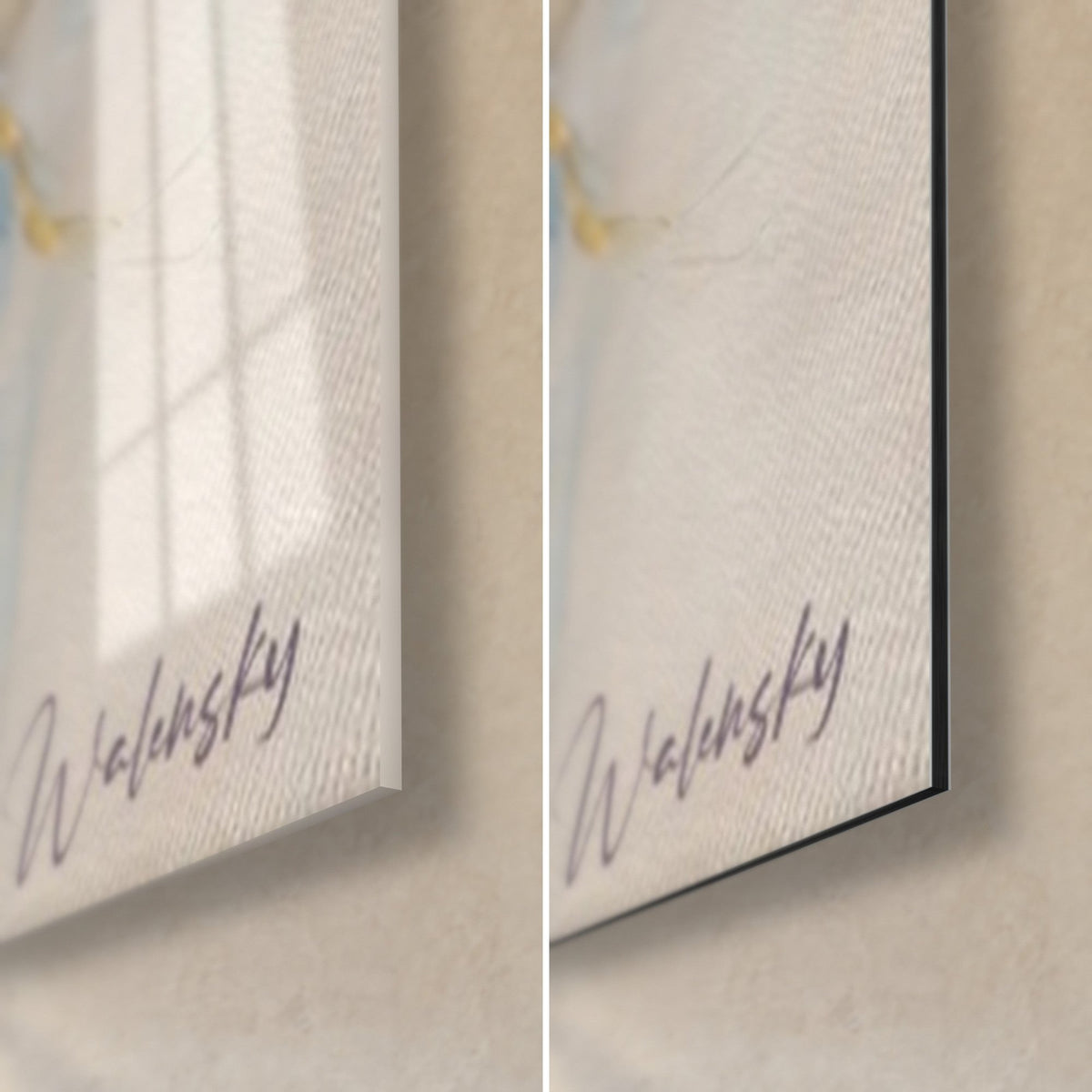 Wall art pearlescent heron with gold accents, bottom right corner: glossy acrylic glass on the left, matte Dibond aluminium on the right, 3 mm edge