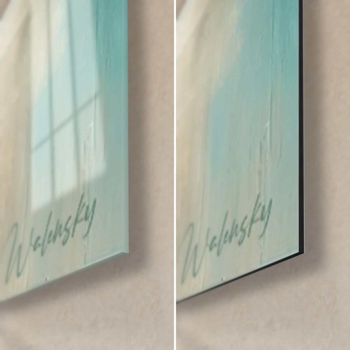 Wall art of a kingfisher in teal blue and beige, glossy glass corner at bottom left, matte black Dibond on the right