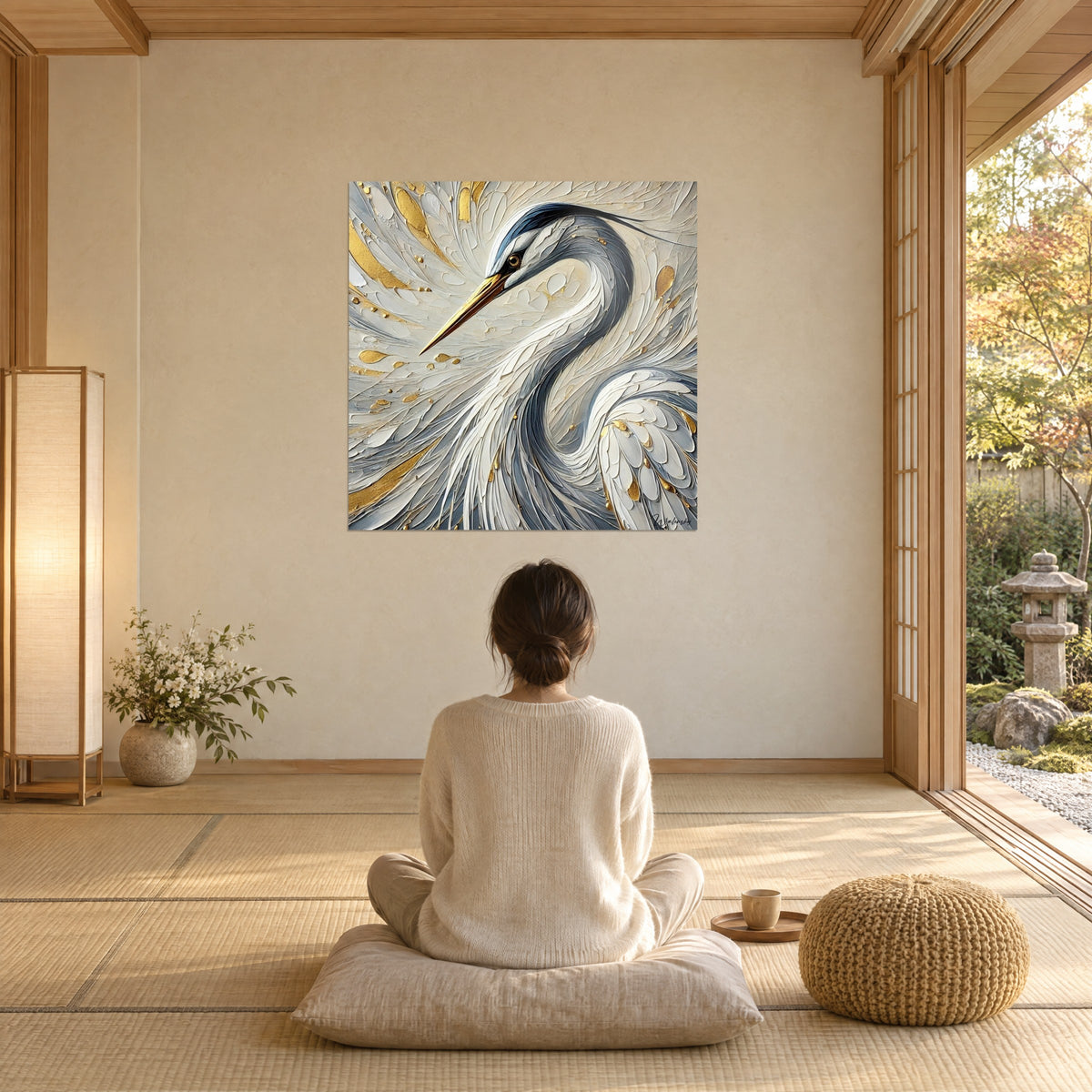 Tableau héron cendré en coups de spatule crème et bleu pétrole, femme de dos assise sur un coussin, baie vitrée sur jardin