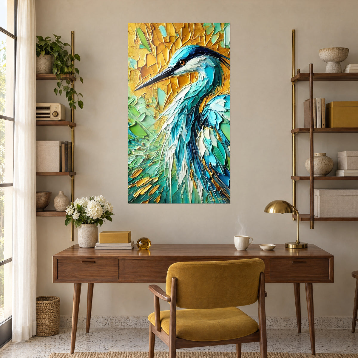 Tableau héron bleu aux touches vert tilleul et dorées en relief, face à un bureau en bois et une chaise moutarde