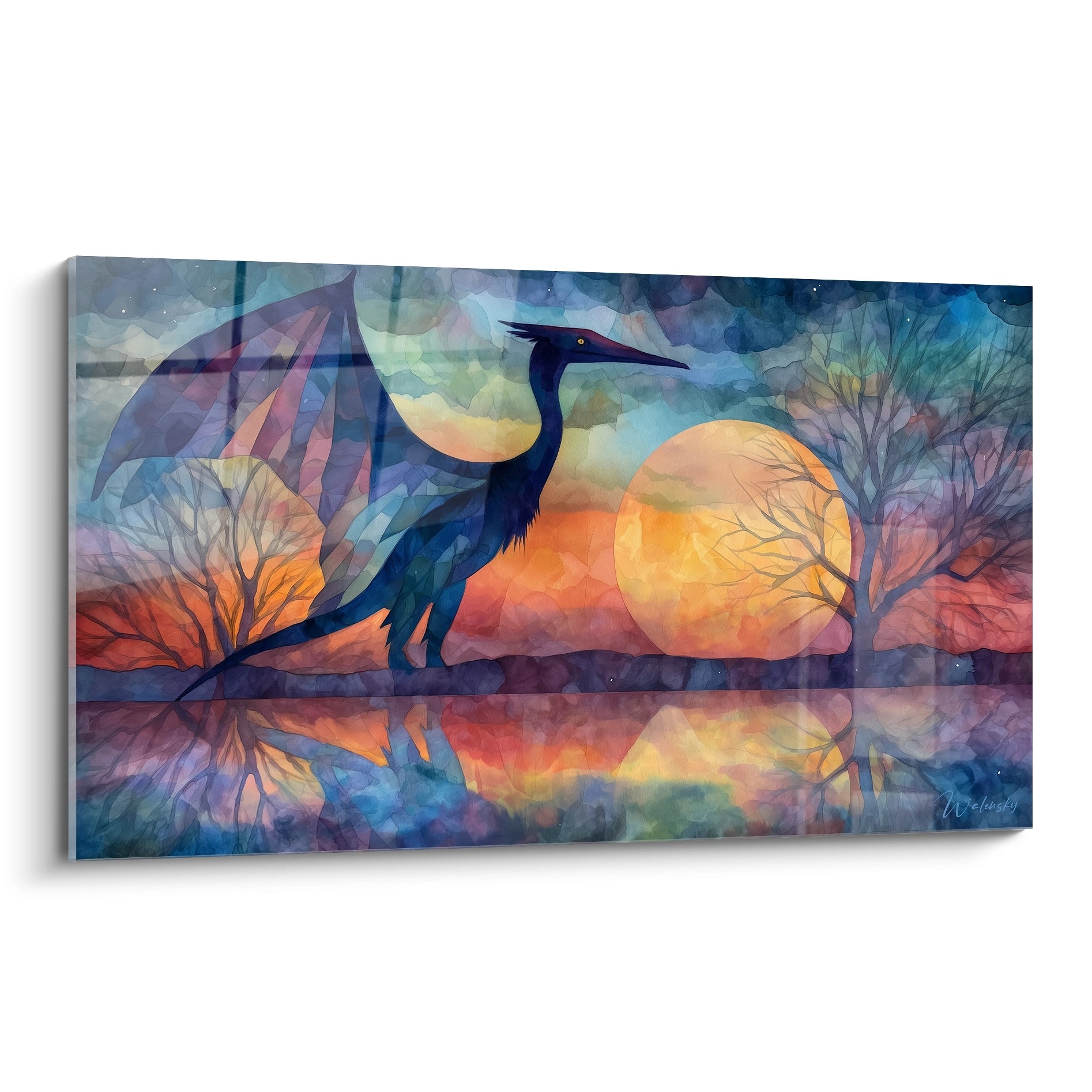 Tableau mural héron géométrique abstrait aux reflets colorés coucher de soleil