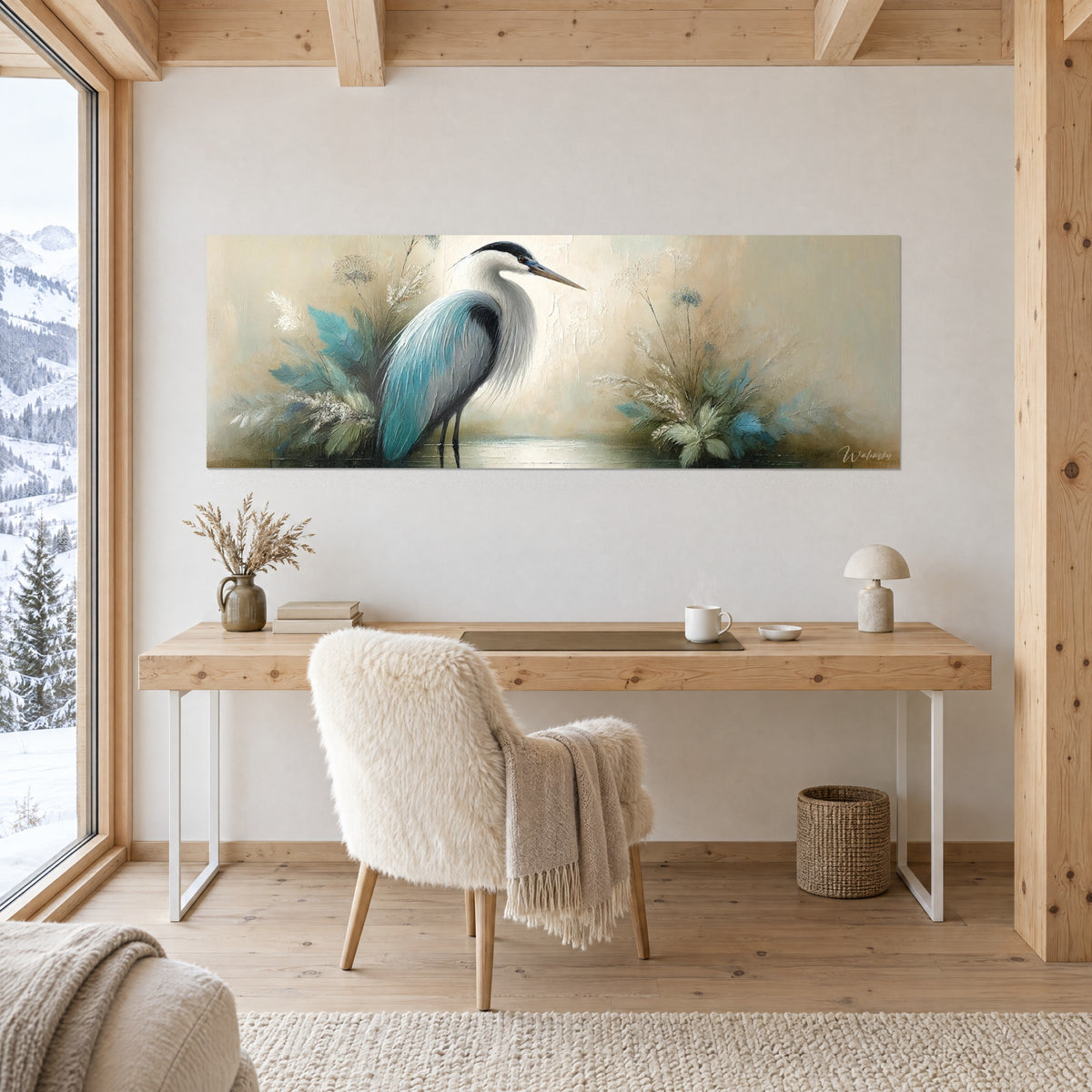 Tableau échassier gris et turquoise près de l'eau calme, herbes dorées en touffes, au-dessus d'un bureau en bois clair