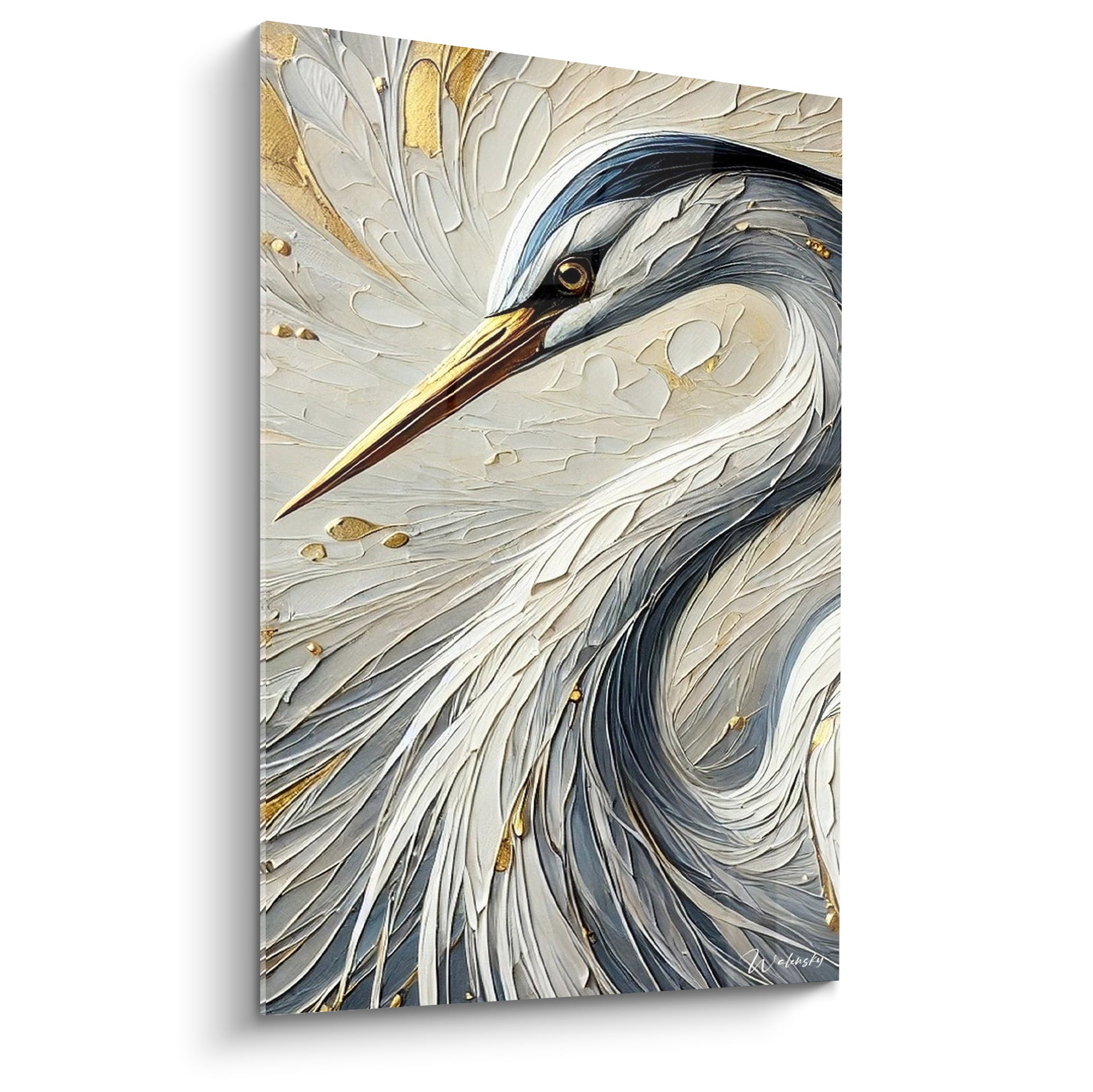 Héron gris et doré, plumage texturé en empâtements, bec cuivré et œil noir perçant