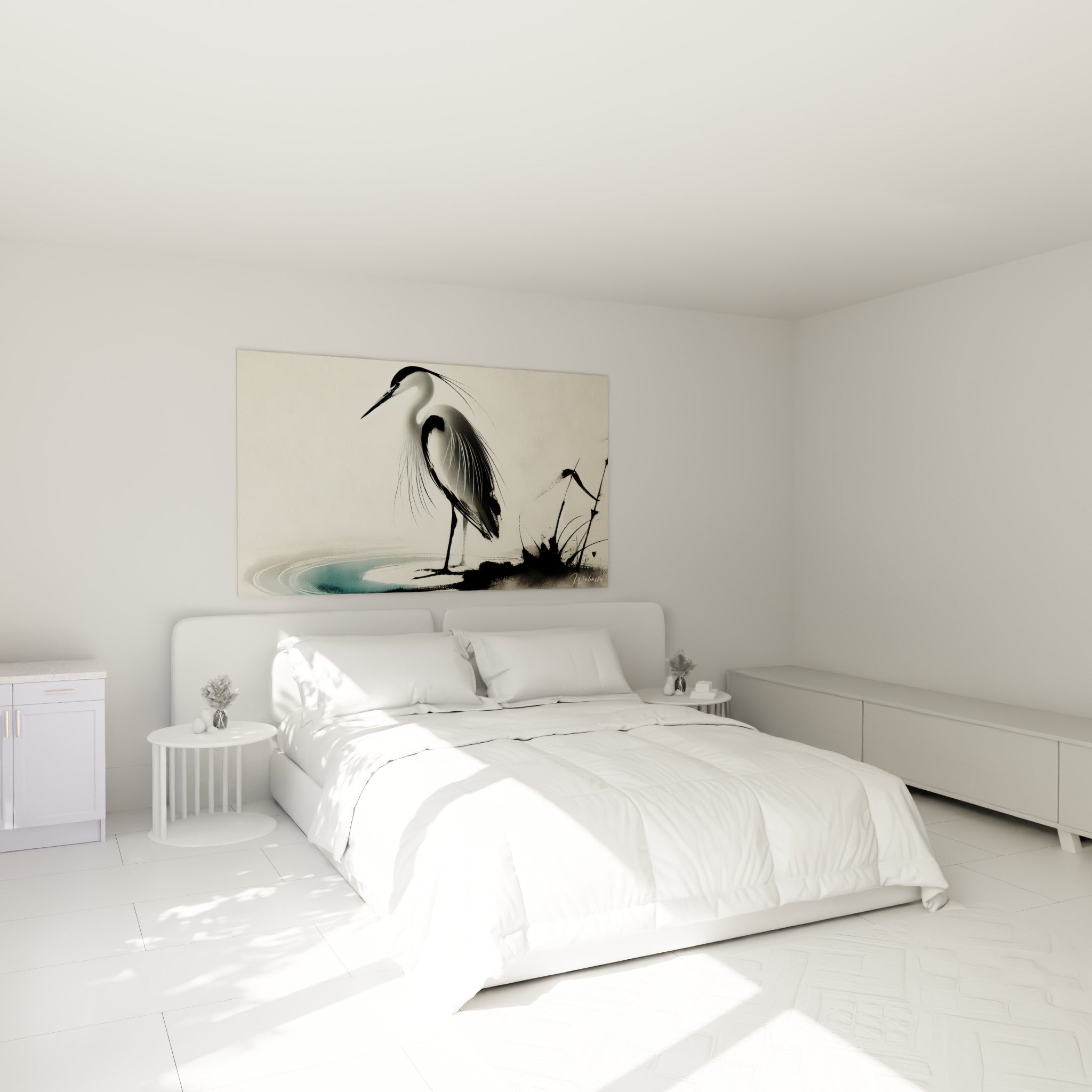 Silhouette de héron anthracite et ivoire au-dessus d'un lit dans une chambre claire