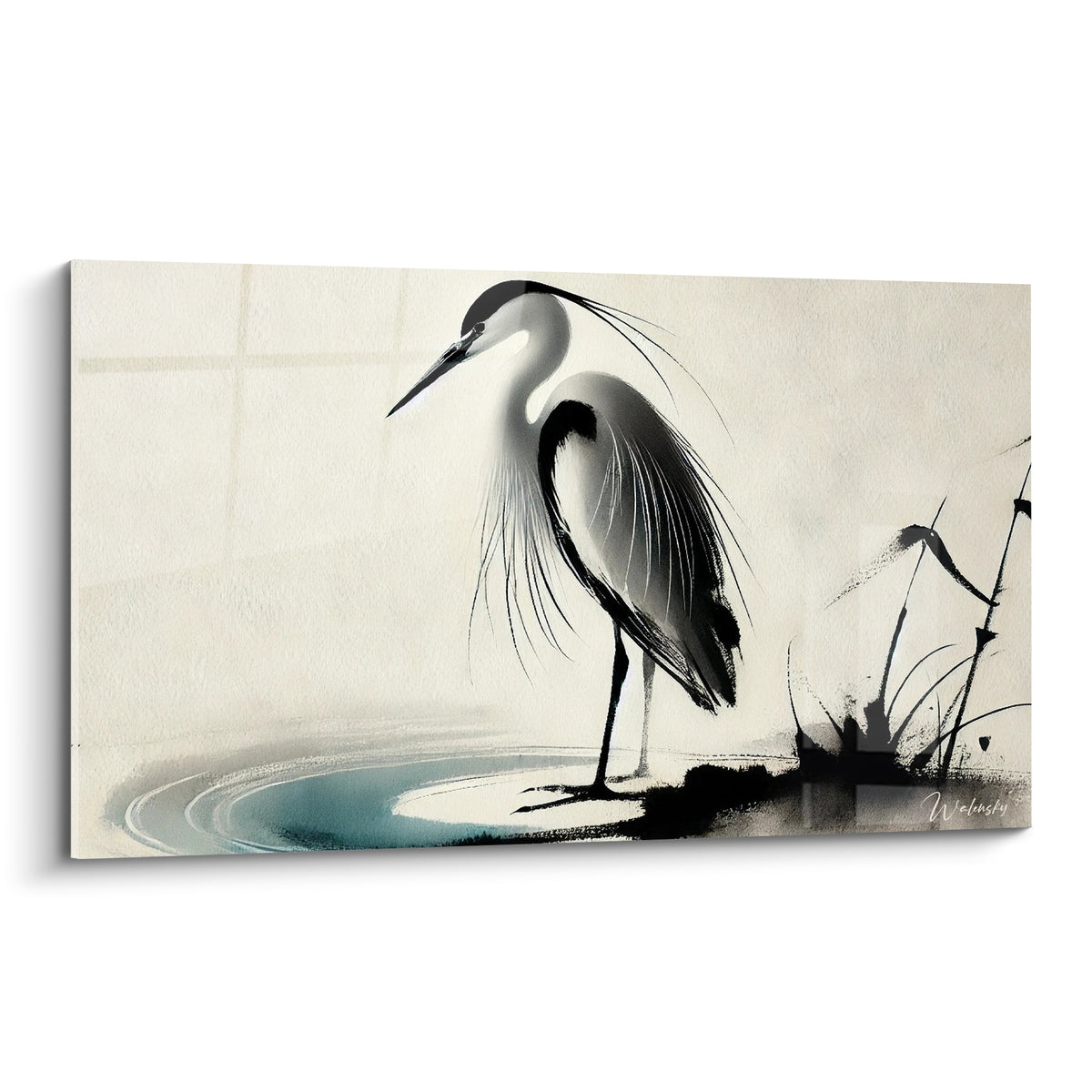 Héron blanc et noir immobile au bord d'une eau turquoise, style encre de Chine épuré