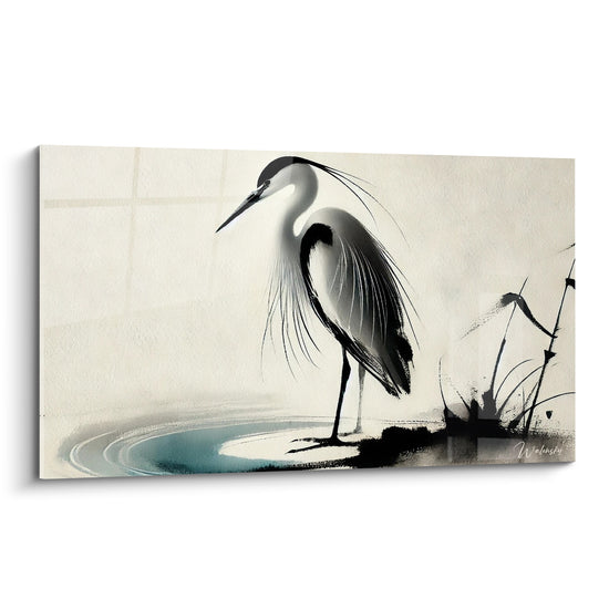 Tableau Héron noir et blanc au bord de l'eau - Veille silencieuse - Edition Héron