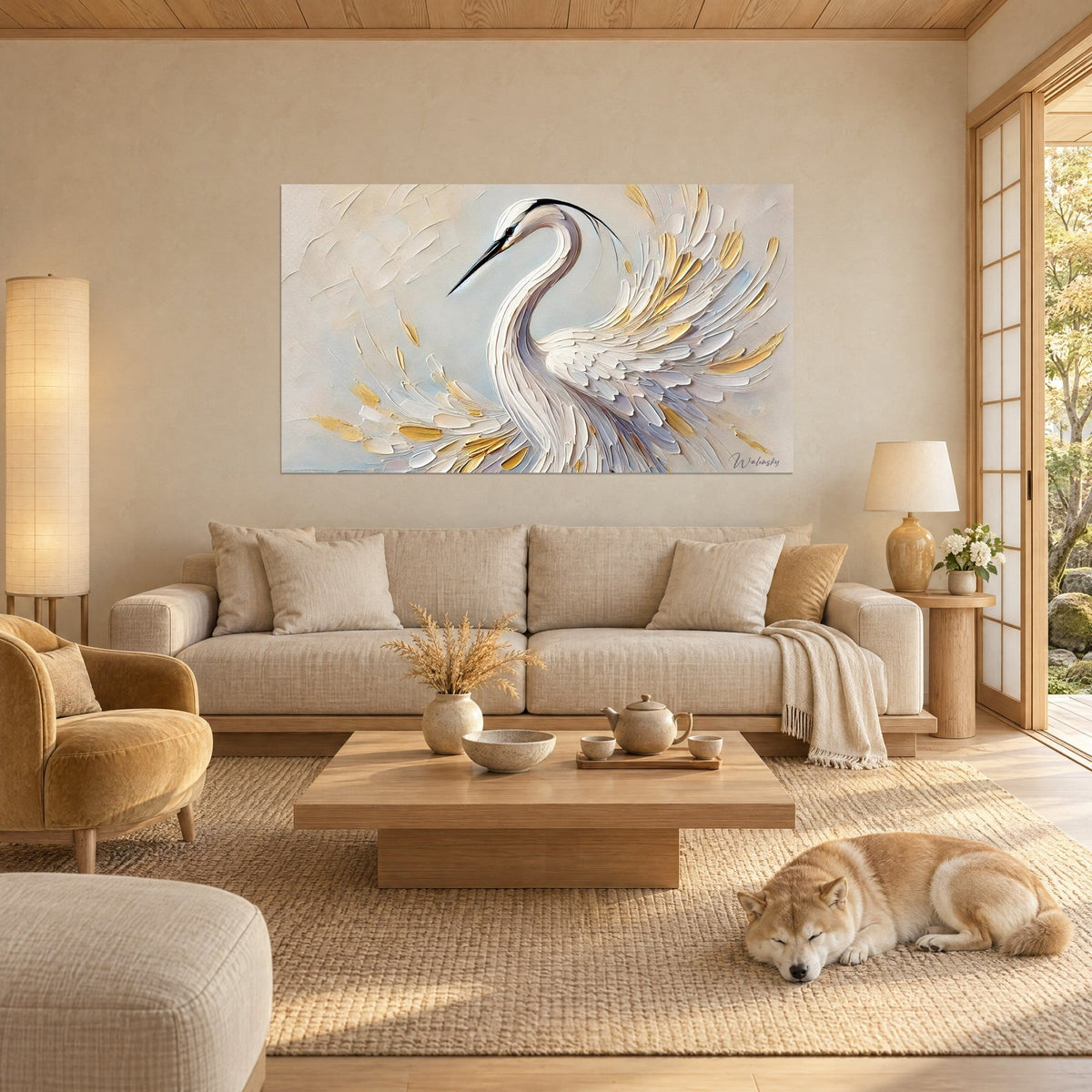Wall art white heron with a long, curved neck, golden feathers fanned out on a pearl grey background, above a sofa in a bright living room