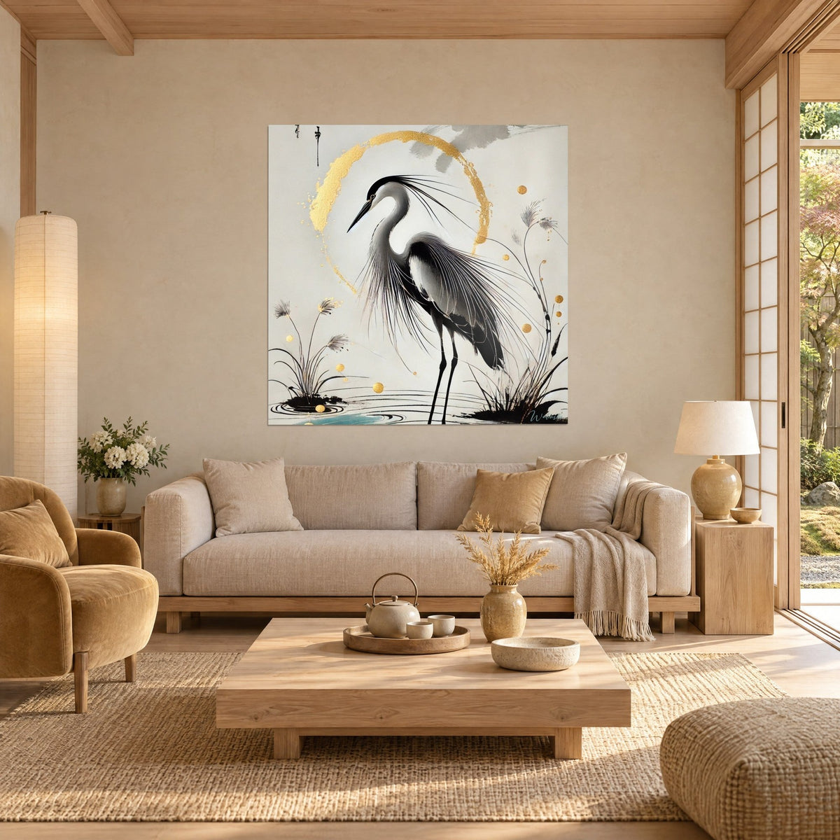 Schilderij steltloper parelgrijs met lange zwarte veren, gouden penseelcirkel, boven een bank in een lichte woonkamer