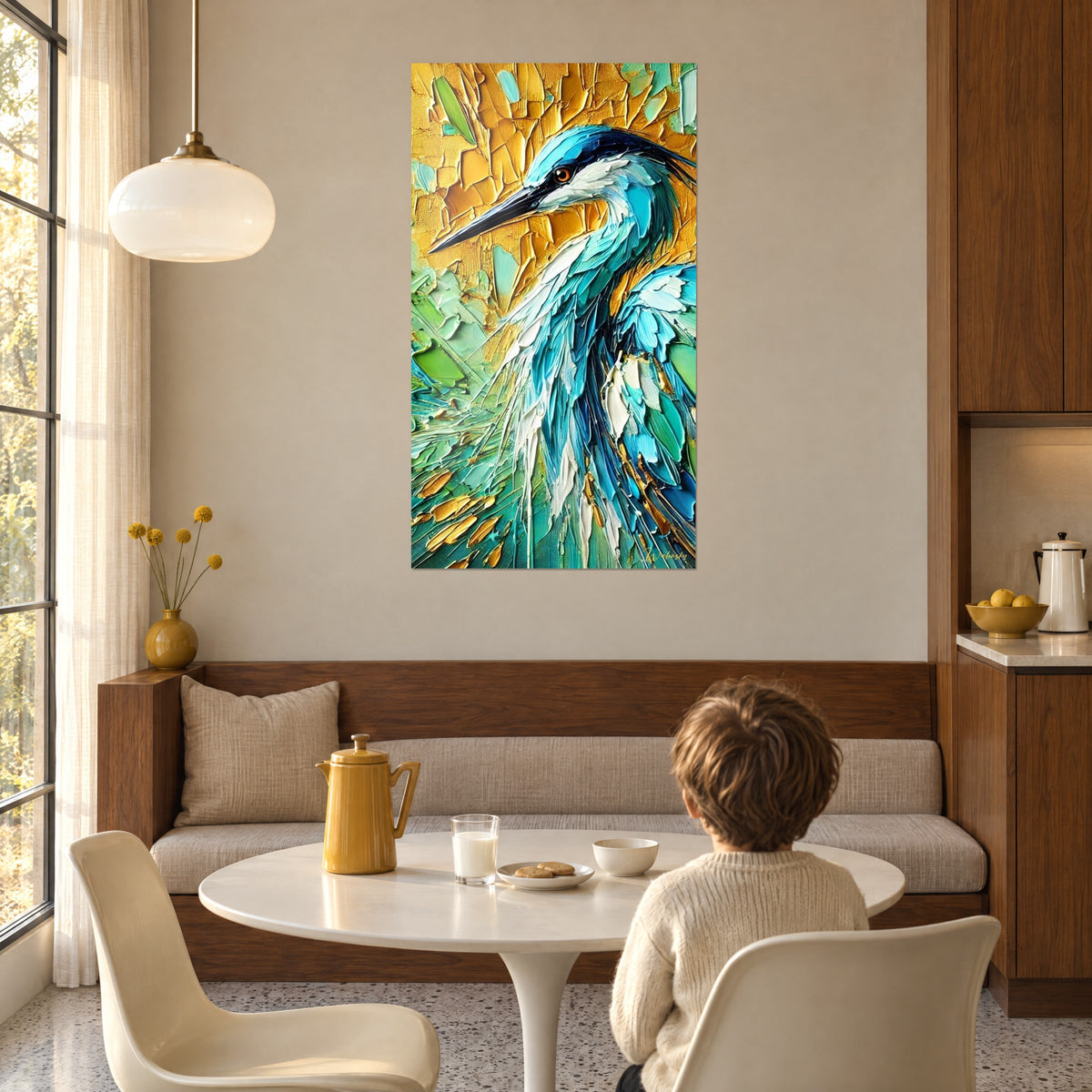 Tableau portrait d'un grand héron à l'œil orangé, plumage azur et blanc sur fond jaune ocre, enfant attablé de dos au salon