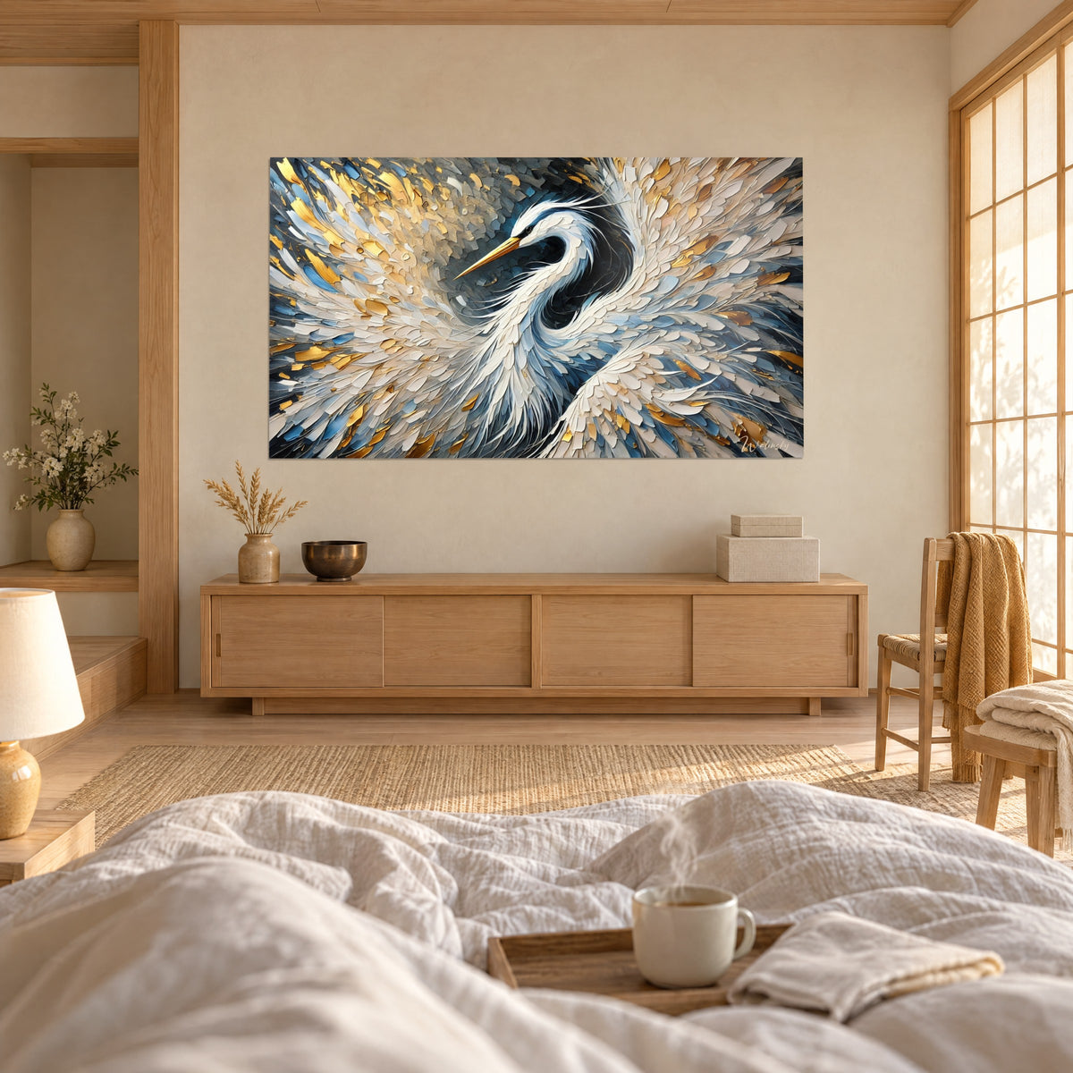 Gemälde Stelzvogel mit goldenem Schnabel, cremefarbenes und stahlblaues Gefieder in Spachtelstrichen, über einem Bett in einem hellen Schlafzimmer