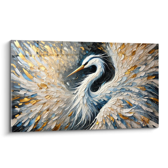Tableau Héron cou courbé plumes dorées bleutées - Tourbillon de plumes - Edition Héron
