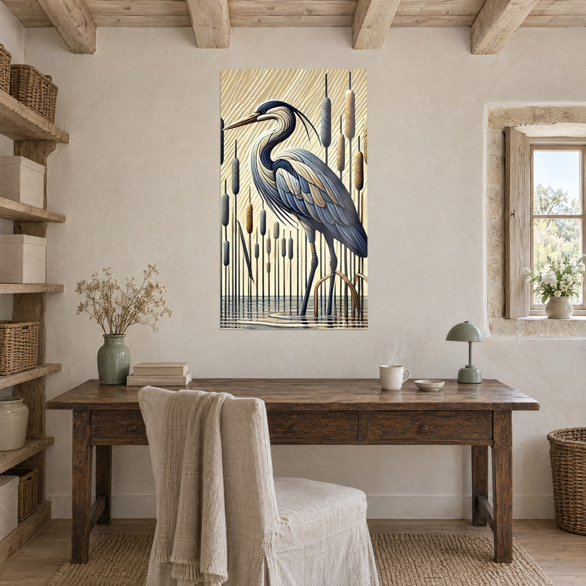 Tableau silhouette de héron bleu marine aux plumes beiges, roseaux grisés et reflet dans l'eau, au-dessus d'un bureau en bois