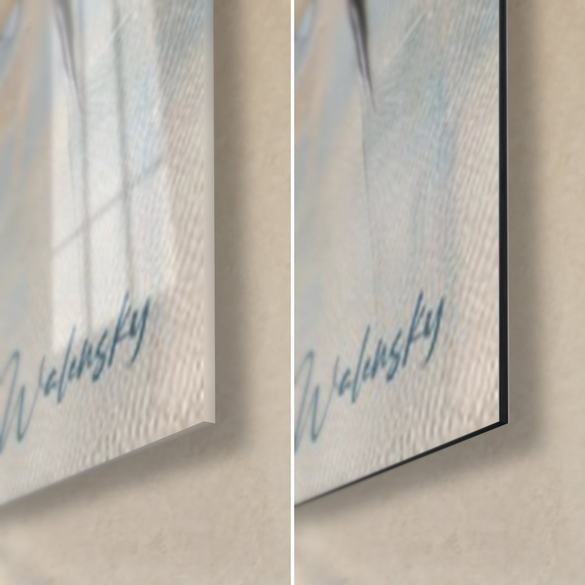 Gemälde weißer Vogel mit Spachteltechnik, untere rechte Ecke: glänzendes Acrylglas links, mattschwarzes Dibond rechts, blaue Signatur