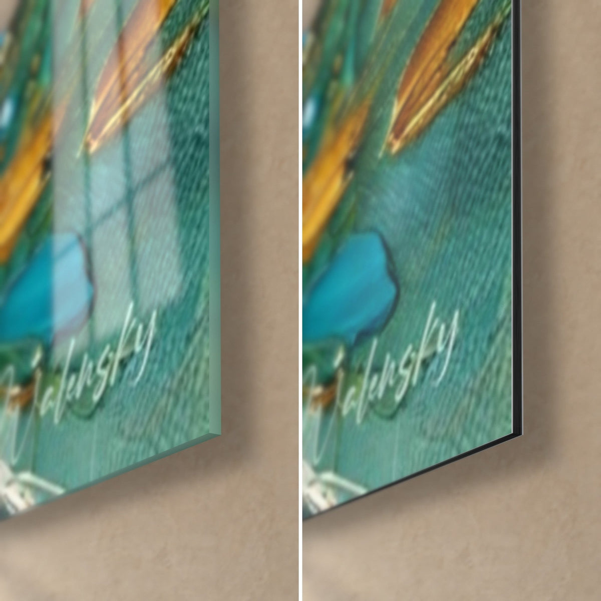 Wall art heron plumage with turquoise and bright gold touches, bottom right corner: glass with reflections over matte Dibond, 3 mm thick