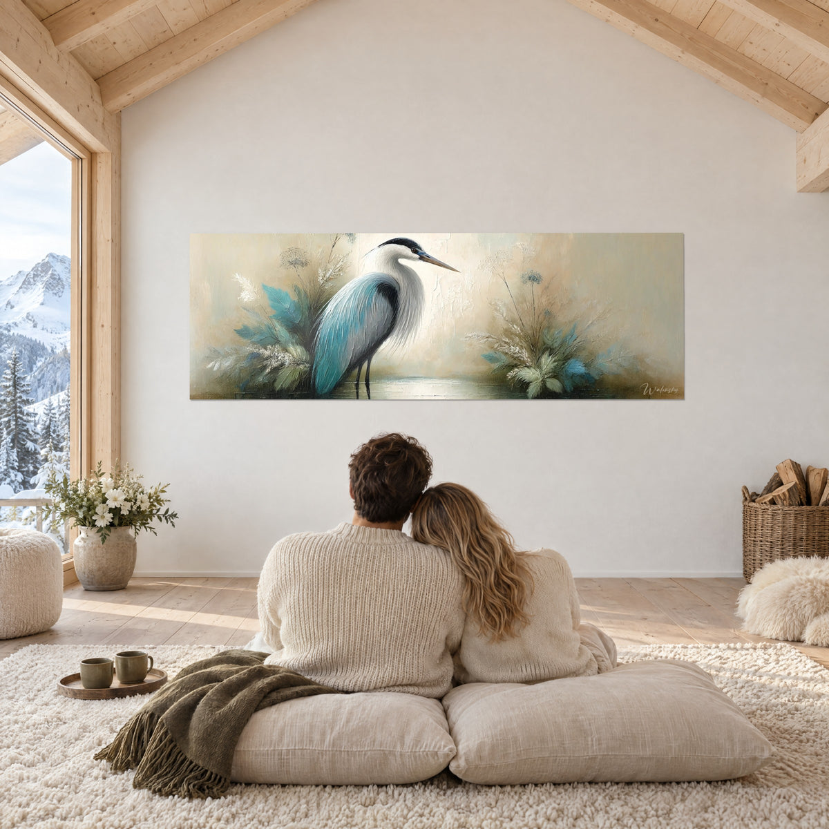 Tableau silhouette de héron bleu et blanc crème, panorama de marais brumeux beige, face à un couple sur coussins au sol