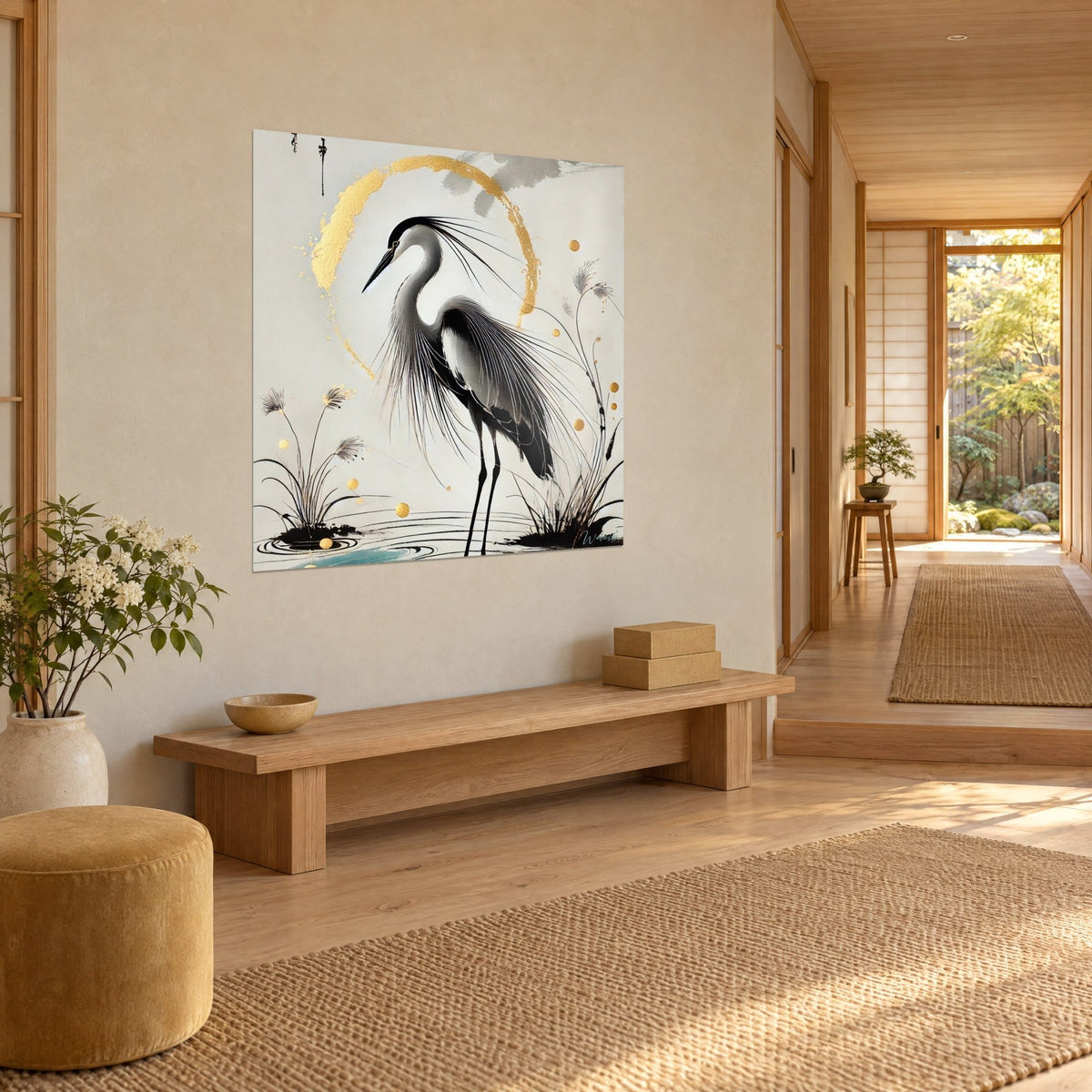 Schilderij blauwe reiger op slanke poten, gouden gloed en riet in zwarte inkt, opgehangen in een japandi gang