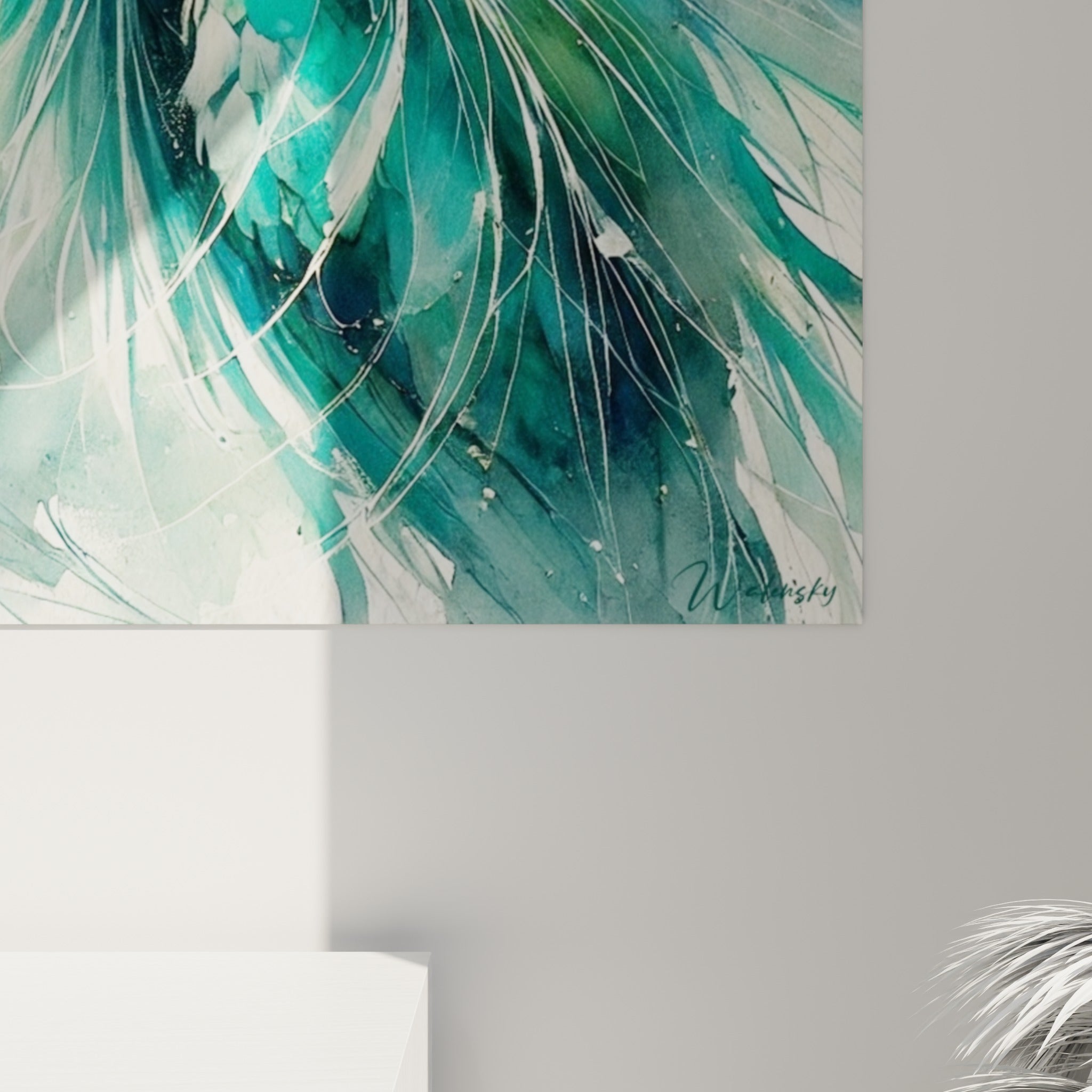 Empâtements aquarelle turquoise et blanc du héron, coulures fines et éclats dorés visibles de près