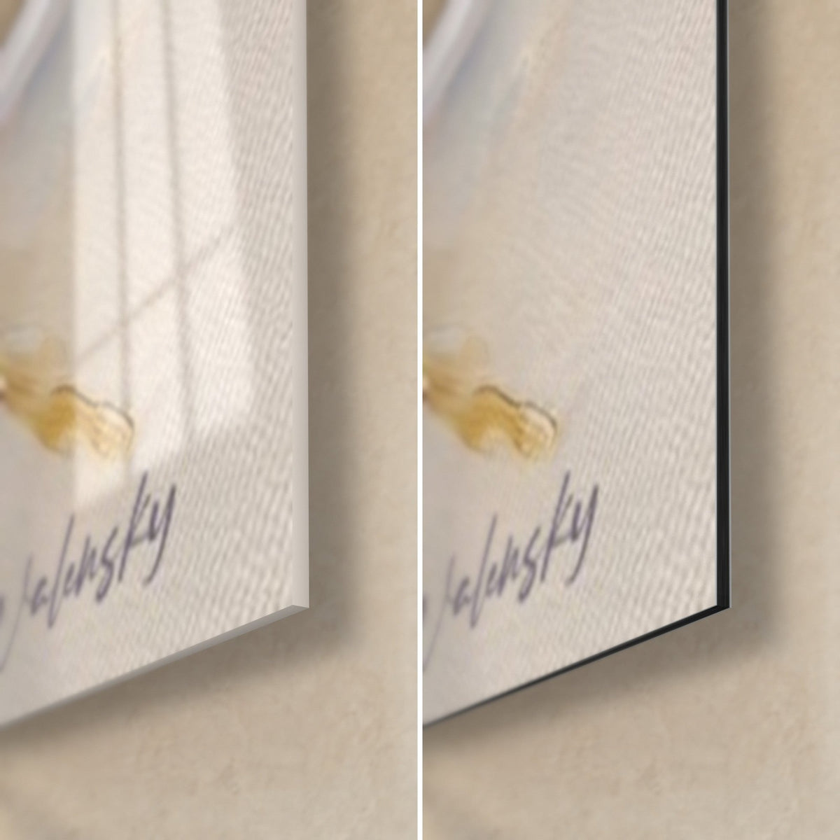 Wall art bird with thick ivory and gold feathers, bottom right corner: glossy acrylic glass on the left, matte Dibond on the right, slim edge
