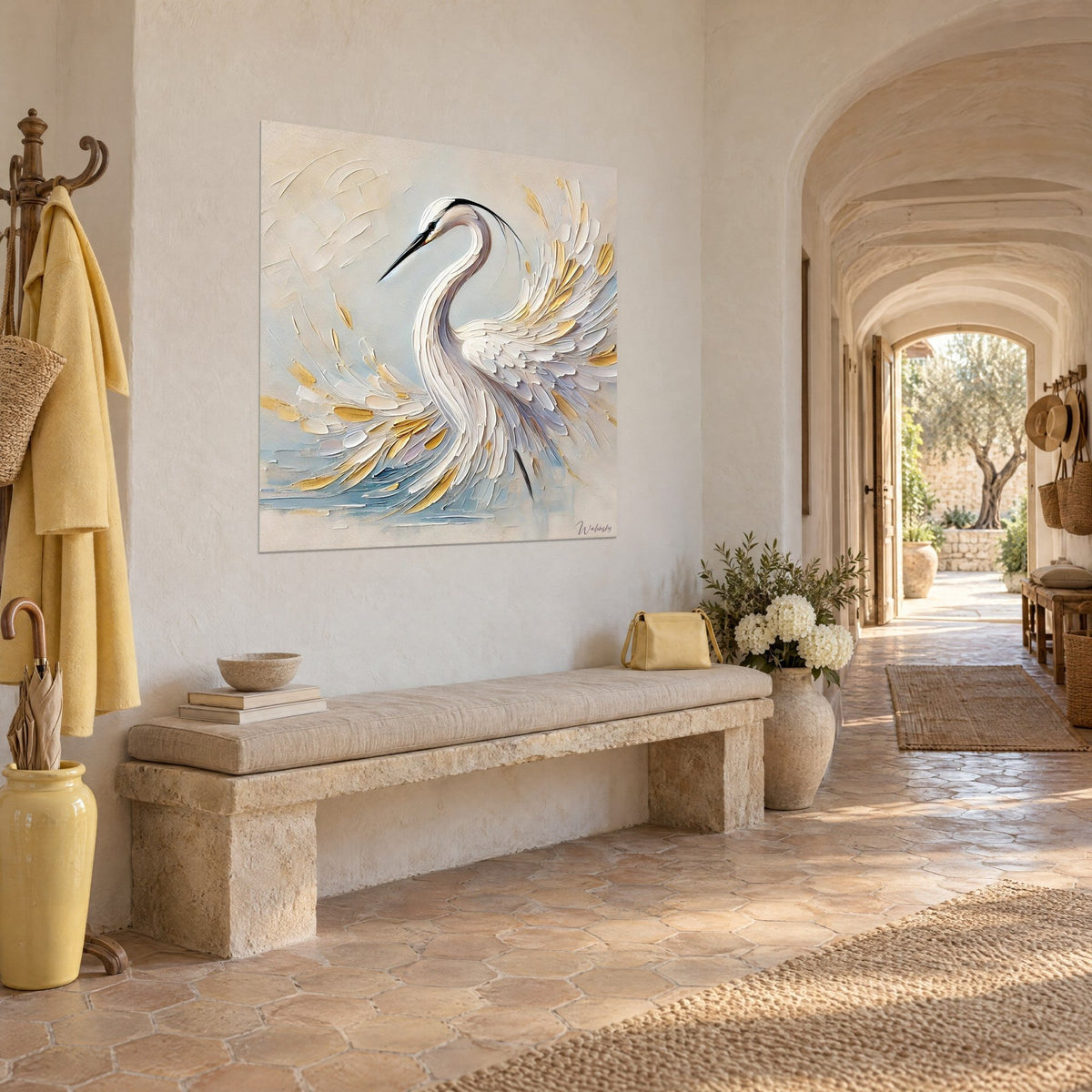 Wall art immaculate stork with a long black plume, wings spread in pale blue and gold, three-quarter view, vaulted hallway of the Provençal farmhouse