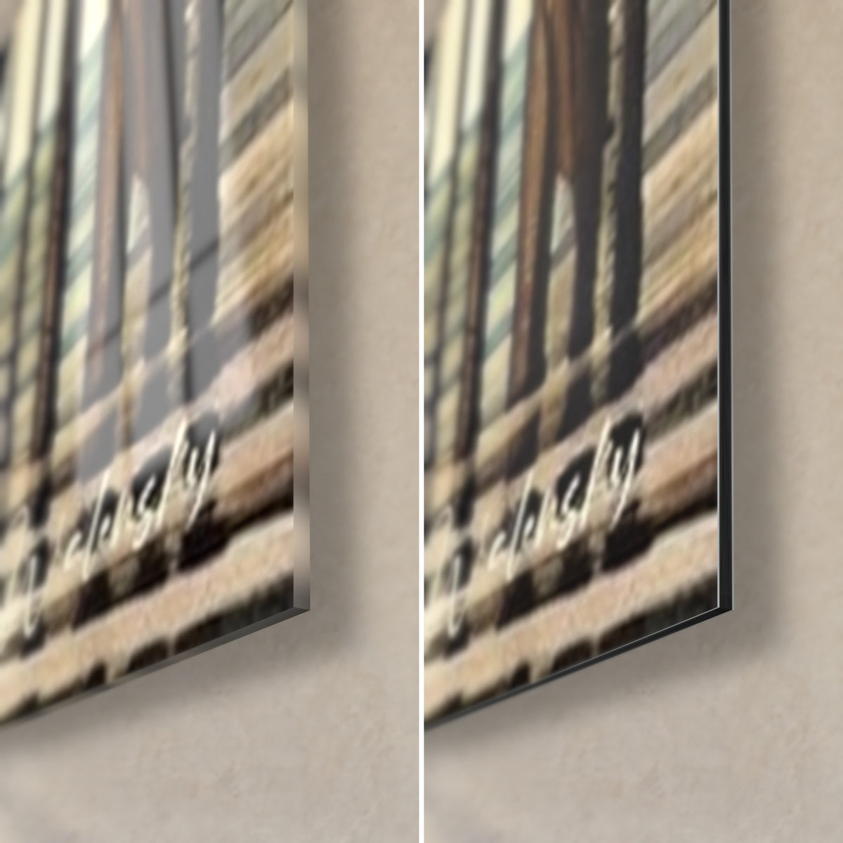 Gemälde Sumpfvogel in blauem und sandfarbenem Gefieder, untere rechte Ecke: glänzendes Acrylglas links, matres Alu-Dibond rechts
