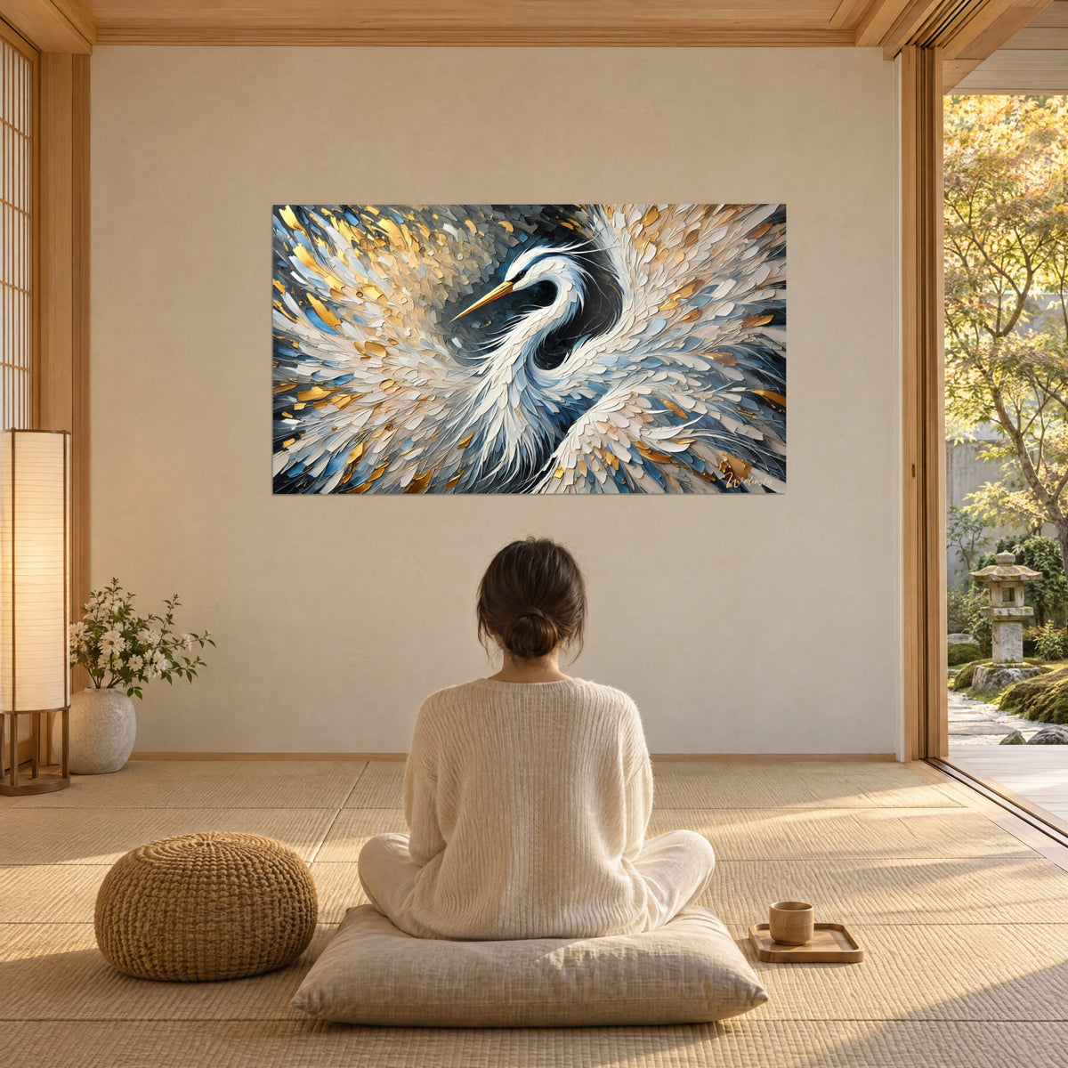 Gemälde Flussvogel mit ausgebreiteten Flügeln aus weißen und goldenen Lichtern, gegenüber einer auf einem Kissen sitzenden Frau