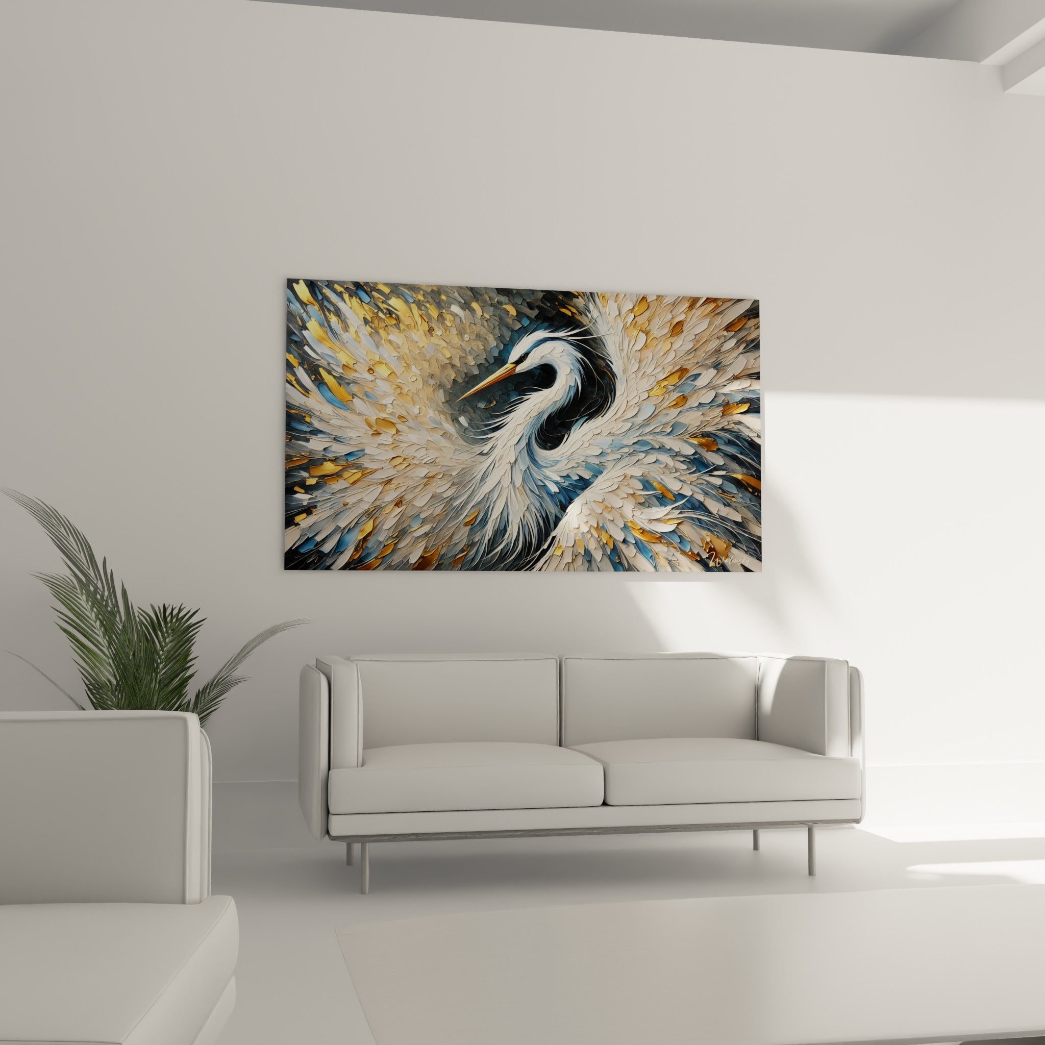 Plumage tourbillonnant doré et gris perle du héron au-dessus d'un canapé dans un salon lumineux