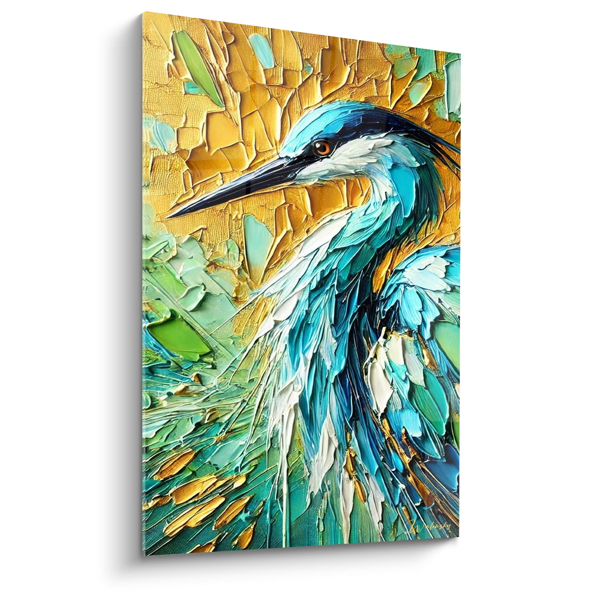 Héron turquoise et blanc au fond doré craquelé, empâtements épais et regard ambré perçant