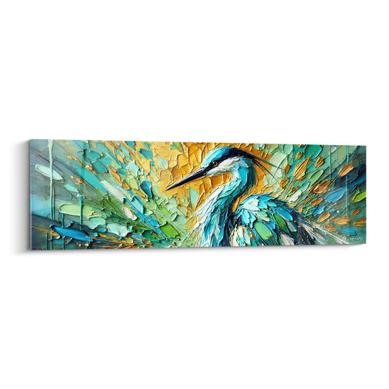 Tableau Héron turquoise et doré à l'empâtement - Veille au fil de l'eau - Edition Héron
