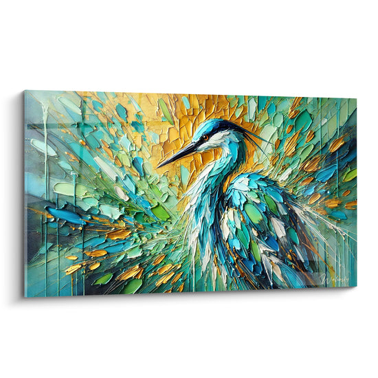 Tableau Héron turquoise et doré aux empâtements - Éveil des marais - Edition Héron